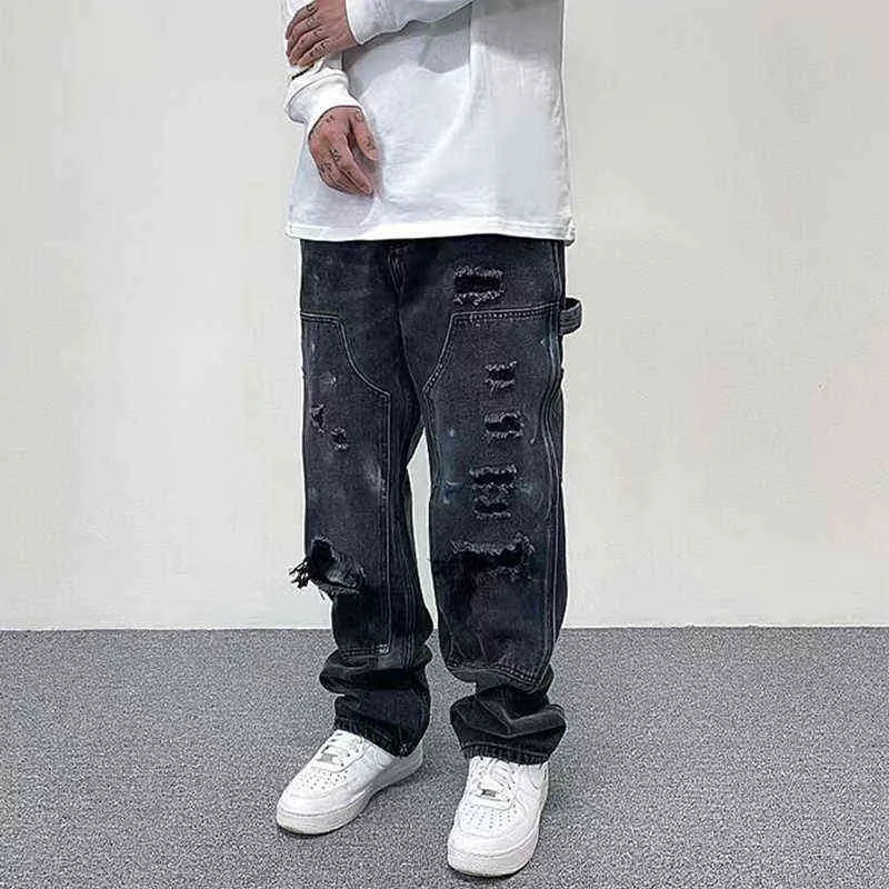 Rippade nödställda hål frayed streetwear mens denim byxor retro harjuku målade bläck stänk raka baggy casual jeans byxor t220803