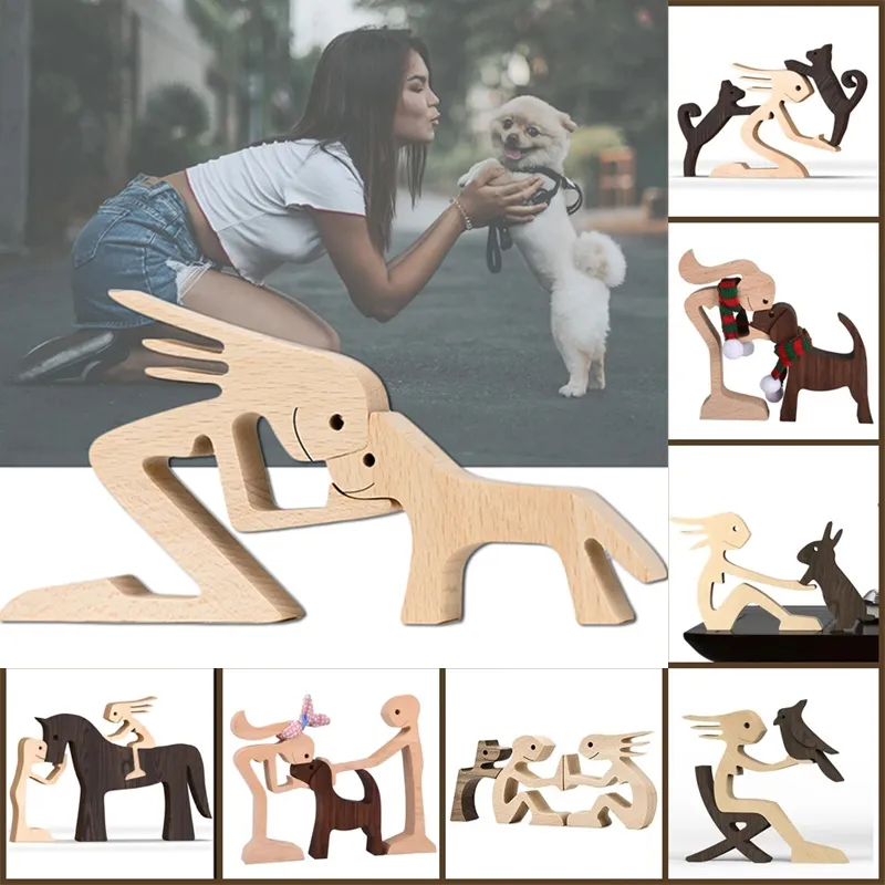 Valpfamilj Wood Dog Carving Ornament Creative Desktop Ornament Sculptures Home Office Decoration Crafts for Dog Pet Lover