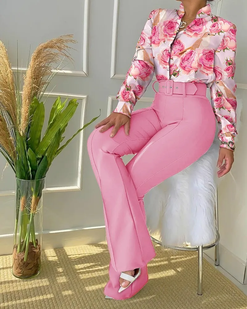 女性の長袖フラワープリントボタンシャツハイウエストパンツセット女性カジュアル2ピースワークウェアファッションスーツセット220817