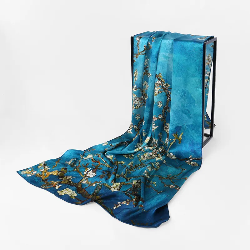 Van Gogh Oil Painting Abrikoos Bloemen Silk Scarf Vrouwen Designer Tree Shawl Long Bandana Foulard Femme Luxe Hajab sjaals 180cm2239112