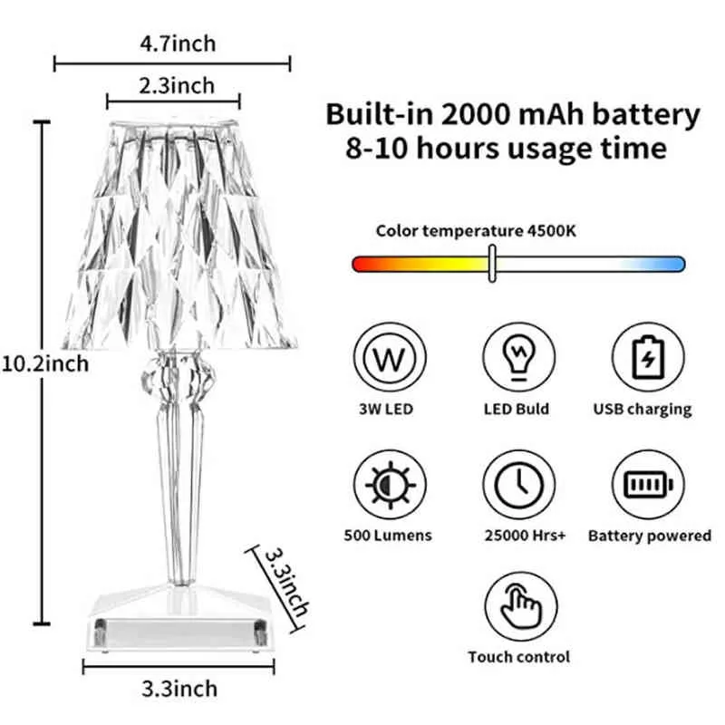 1-Şarj Edilebilir USB Elmas Touch Sensör Kristal Pil Masa Lambası Hafif Restoran Akrilik Masa Lambası LED Gece Işığı H220423