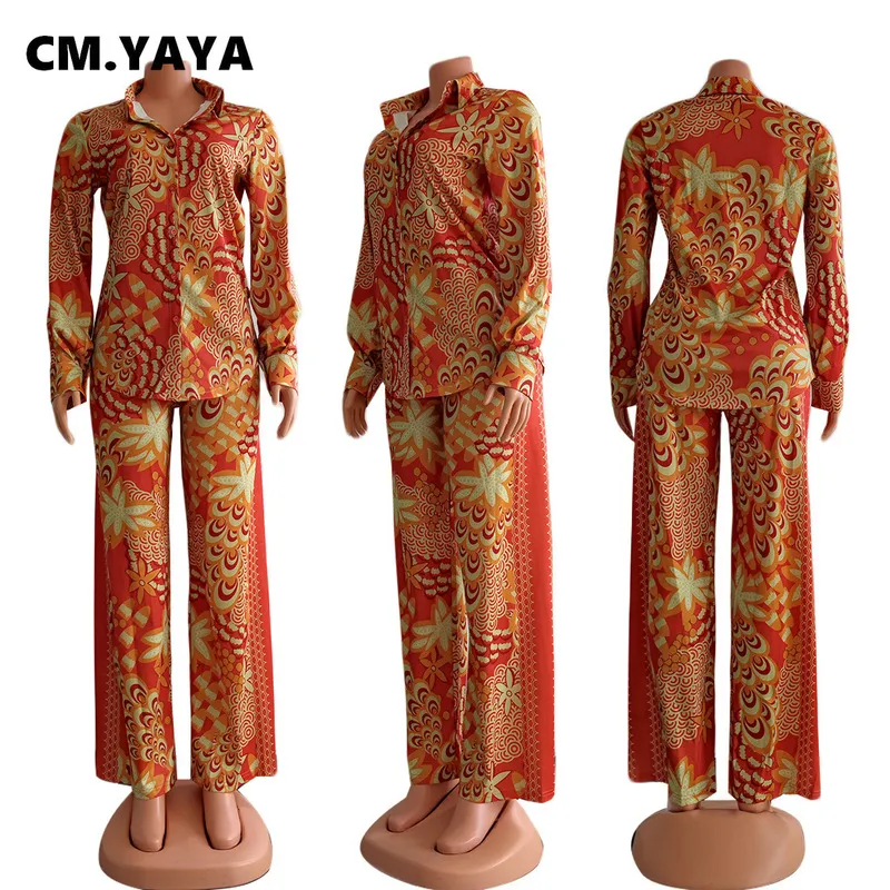 CM.YAYA Autumn Winter Peacock Women's Set Button Up Blouse Shirt Tops and Pants Elegant Tracksuit Two Piece Fitness Outfits 220315