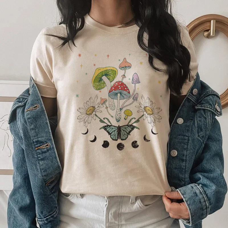 Magic Mushroom Botanical T Shirt Women Vintage Aesthetic Witch Tee Cute Oversized Female Top Cottagecore Clothes 220511