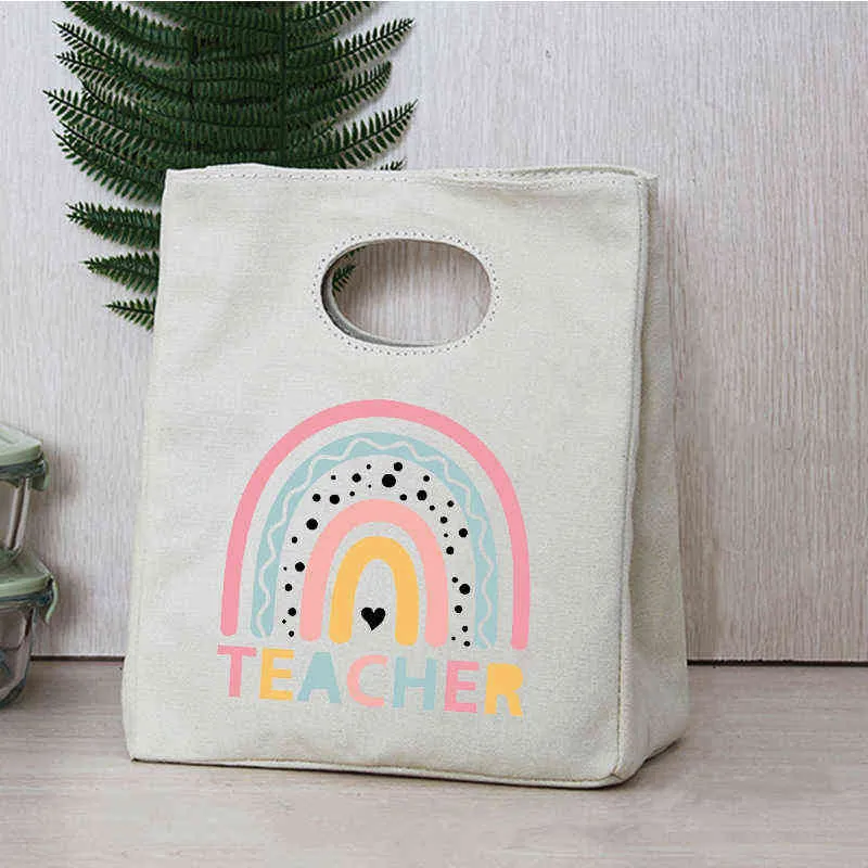 Tragbare Lunchbox-Taschen mit Regenbogen-Lehrer-Aufdruck, thermisch isoliert, Bento-Tragetasche, Büro, Schule, Lebensmittelkühler, Aufbewahrungstasche, Geschenke für Lehrer, Y220524