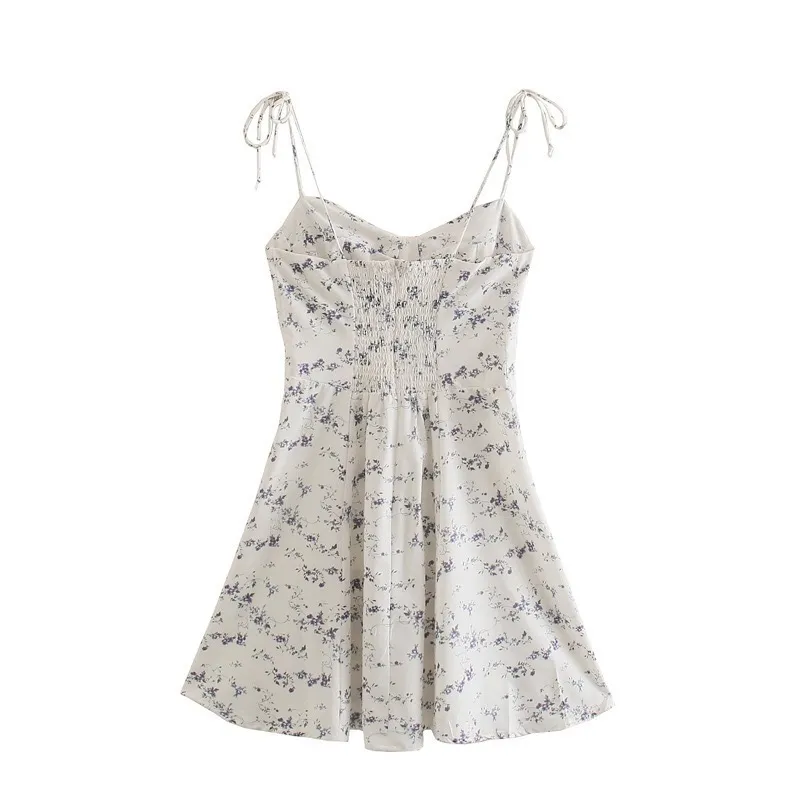 Французская летняя цветочная принт с развязкой повязкой спагетти ремешок мини -платье ретро сексуальное шнуроволока платья.