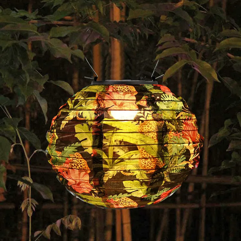 20 cm étanche solaire LED lanterne chinoise lumière extérieure jardin mariage fête de vacances imprimé décoratif rond lampe suspendue 220611