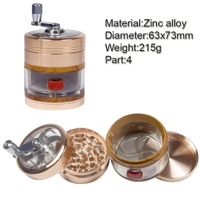 GZ33633114 zinc alloy hand crank 63mm drawer wood grain herb smoke tobacco Grinder accessories custom logo wjy954