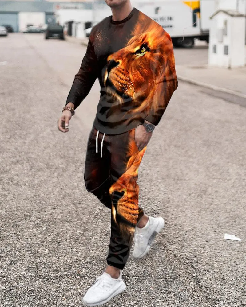 Buz İpek Yaz Sokak Giyim 3d At Aslan Tiger Uzun Kollu Baskılı Adam Spor Giyim Terozi Seti Erkekler 2 Parça Erkek Giyim Takımını 220610