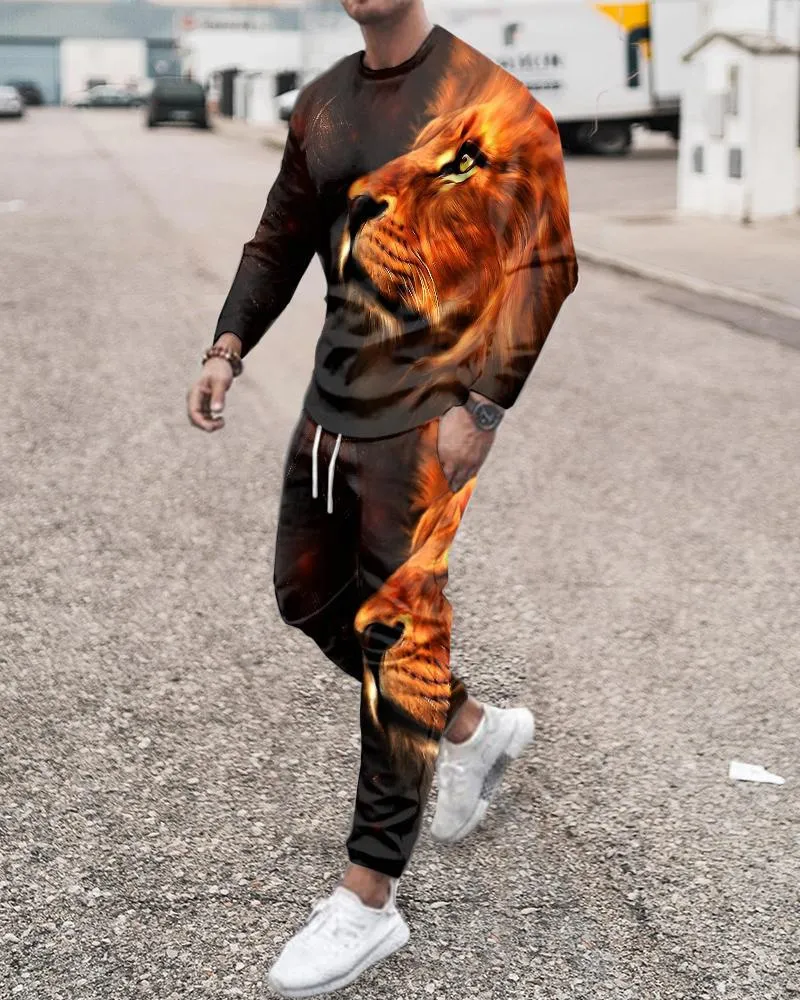 Ice Silk Summer Streetwear 3d Horse Lion Tiger Lange Mouw Gedrukte man Sportkleding Tracksuitset Men 2 -delige herenkledingpak 220610