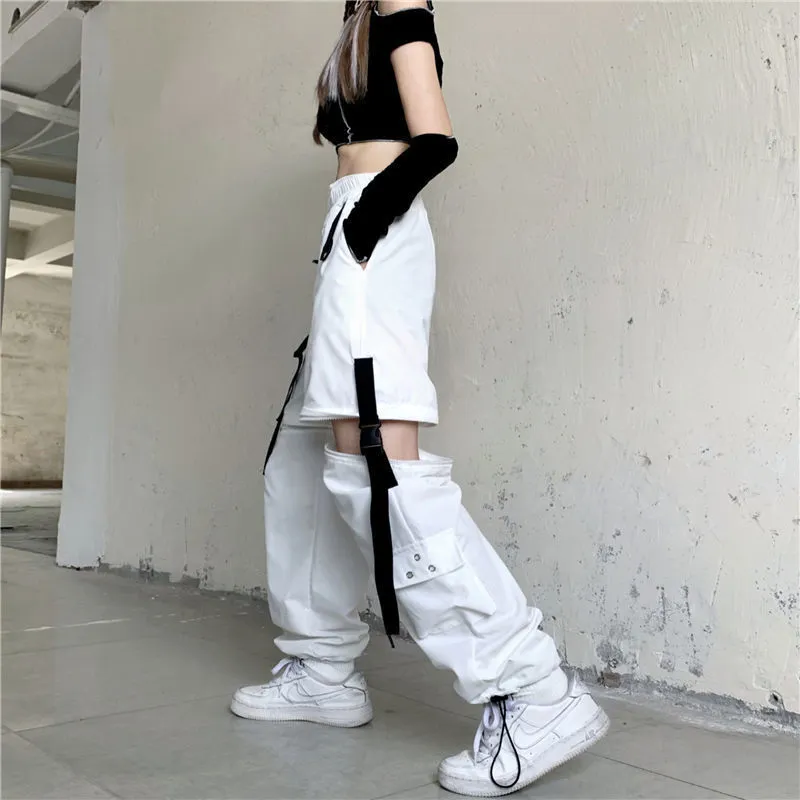 Houzhou White StreetWear Cargo Pant Y2K Harajuku Loose Patchwortk High Waist Byxor Casual Removable Techwear Korean 220325