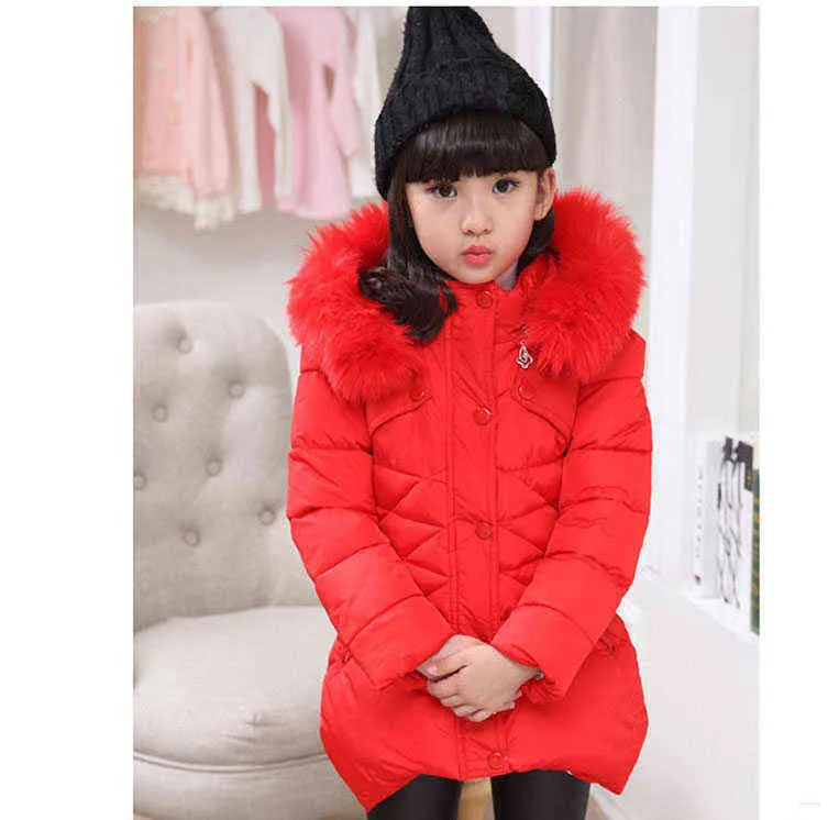 女の子のための暖かいパディングジャケットの長い冬のための暖かいパディングジャケットファーキャップの子供たちのアウターウェアジャケット4 6 8 10年j220718