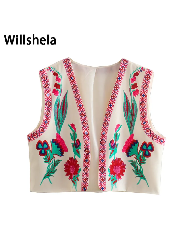 Willshela Women Fashion Position Floral Print Crop Vest Jacket Vintage Retro National Style Female Chic Lady Waistcoat Outfits 220719