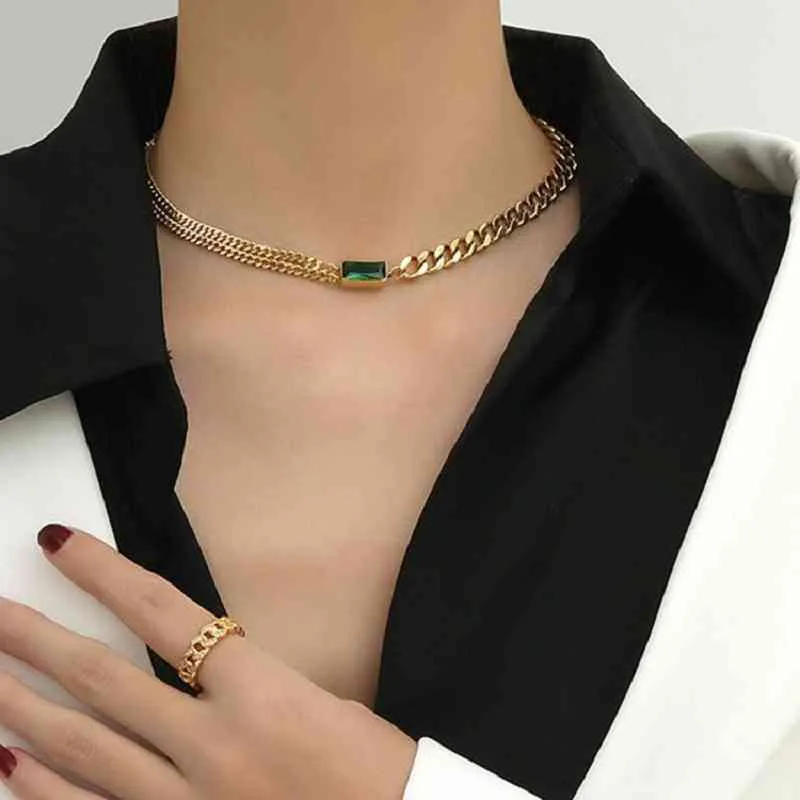 Collier Double chaîne cubaine en acier inoxydable plaqué or 14K pour femmes, Punk Hip Hop, ras du cou empilable, bijoux 25447035739