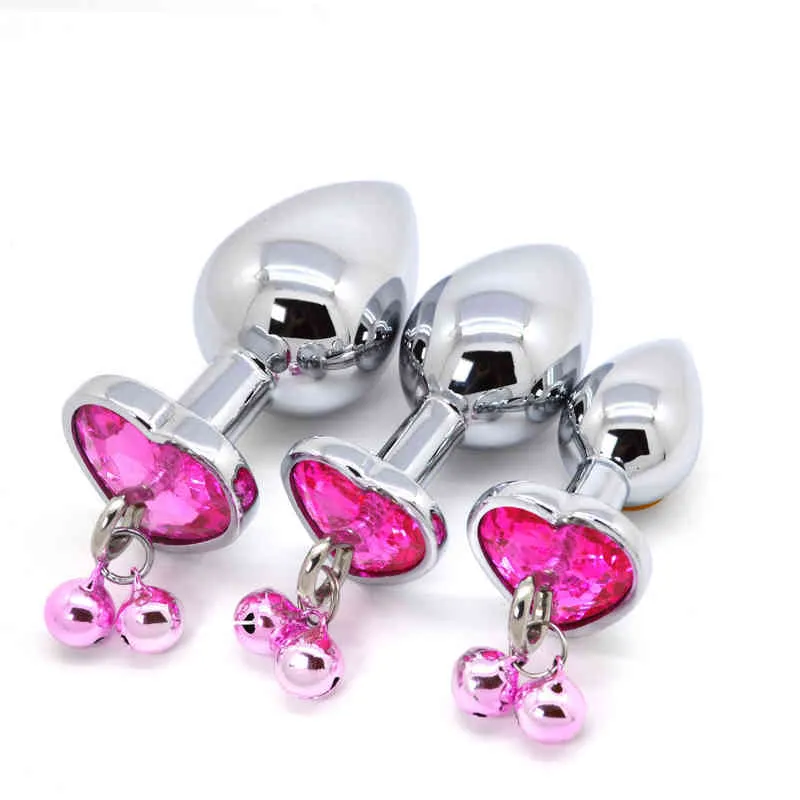 Nxy Anal Toys 3 Pack of Metal Plugs Heart Shaped Crystal Bells Male and Female Expansion Masturbation Device Sex Adult Supplies 220420