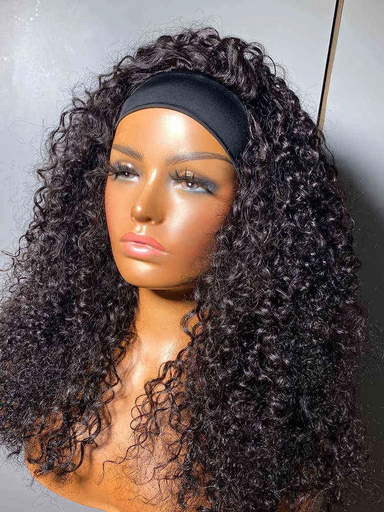 Kinky curly pannband peruk mänskliga hår peruk maskin gjorde glueless brasiliansk jungfru för kvinnor gratis 220606