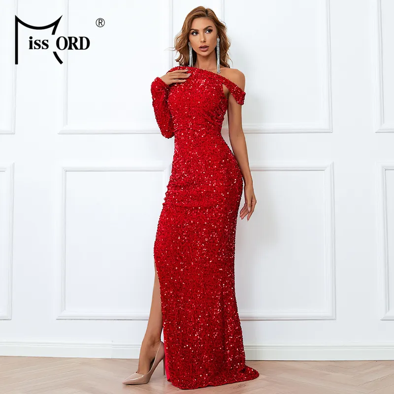 Missord Autumn Asymmetrische schouderpailletten Lange Mouw Party Jurken High Split Maxi Women Red Dress Elegant Evening Vestido 220510