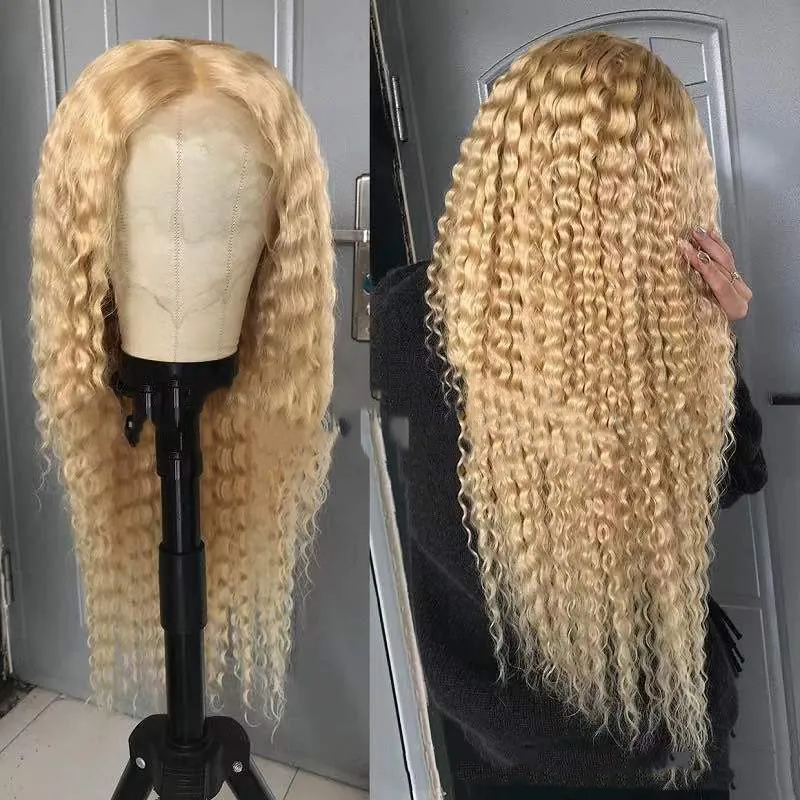 613 Blonde synthetische kanten voorpruik simulatie menselijk haarpruiken afro kinky krullende peluca's voor vrouwen cx-18764