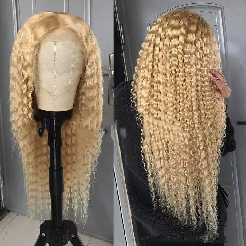 613 Blondynka syntetyczna koronkowa symulacja peruki ludzkie peruki włosy Afro Kinky Curly Pelucas dla kobiet CX-18764
