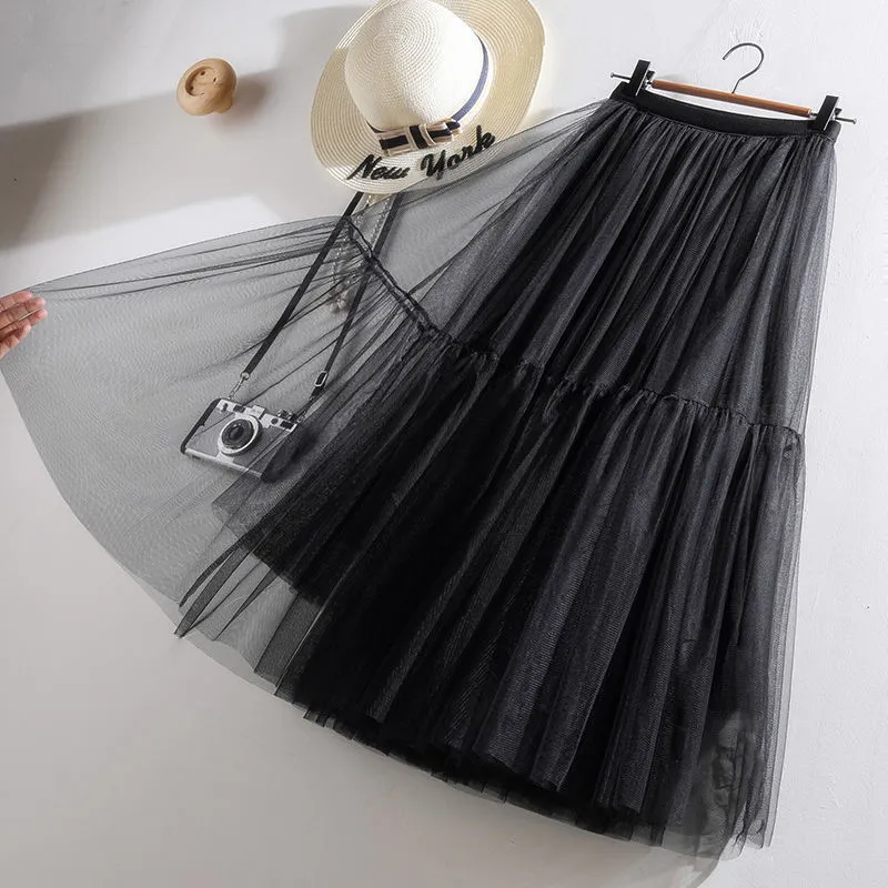 Women Skirt Beige Black Pink High Waist Lace Tutu Skirt ALine Simple Elegant Mesh Tulle Midi Skirt Spring Autumn mujer faldas 220611