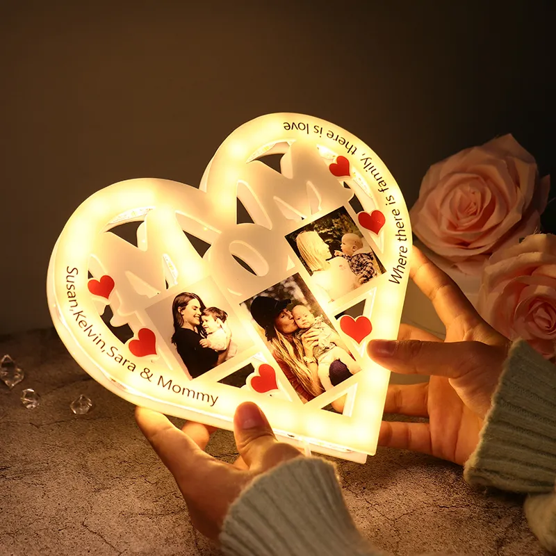 Gepersonaliseerde hartvormige nachtlamp aangepaste pottext puzzel LED USB Woodacryl Momdad Family Unieke geschenken voor moederdag 220711