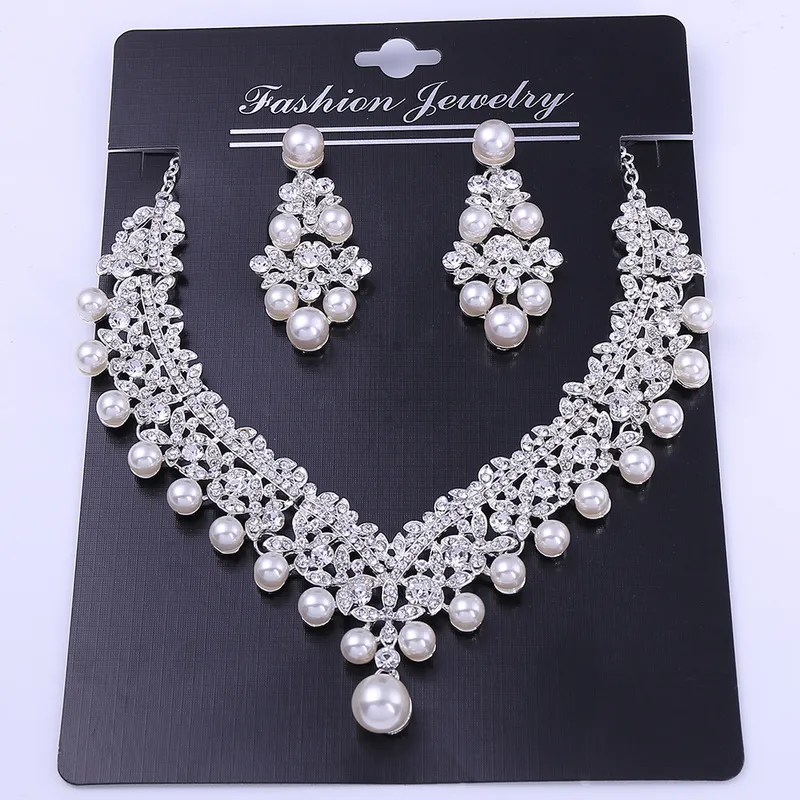 Crystal Pearl Bridal Jewelry Set Wedding Crown Halsband med örhängen Brudhårprydnad Choker för kvinnliga tillbehör 2203303051124
