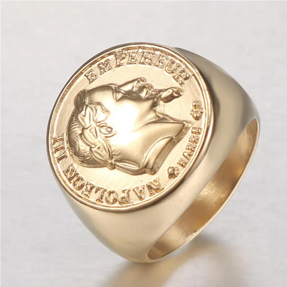 Stainless Steel Napoleon Head Sculpture Ring Gold Solid Men USA Standard Size 7 8 9 10 11 12 13 14 Three Dimensional Letter Extra 237B