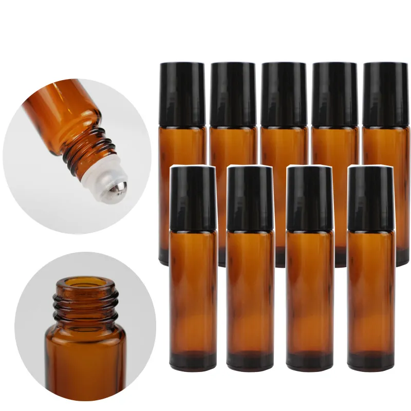 10ml Amber Glass Roll on Bottle with Stainless Steel Ball for Essential Oils Empty Refillable Perfume Bottles Containers 
