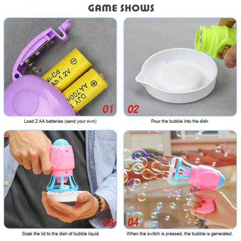 Funny Bubble Blower Machine Electric Automatic Bubble Maker Gun مع Mini Fan Kids Outdoor Bubble Water Toys Wholesale Y220725