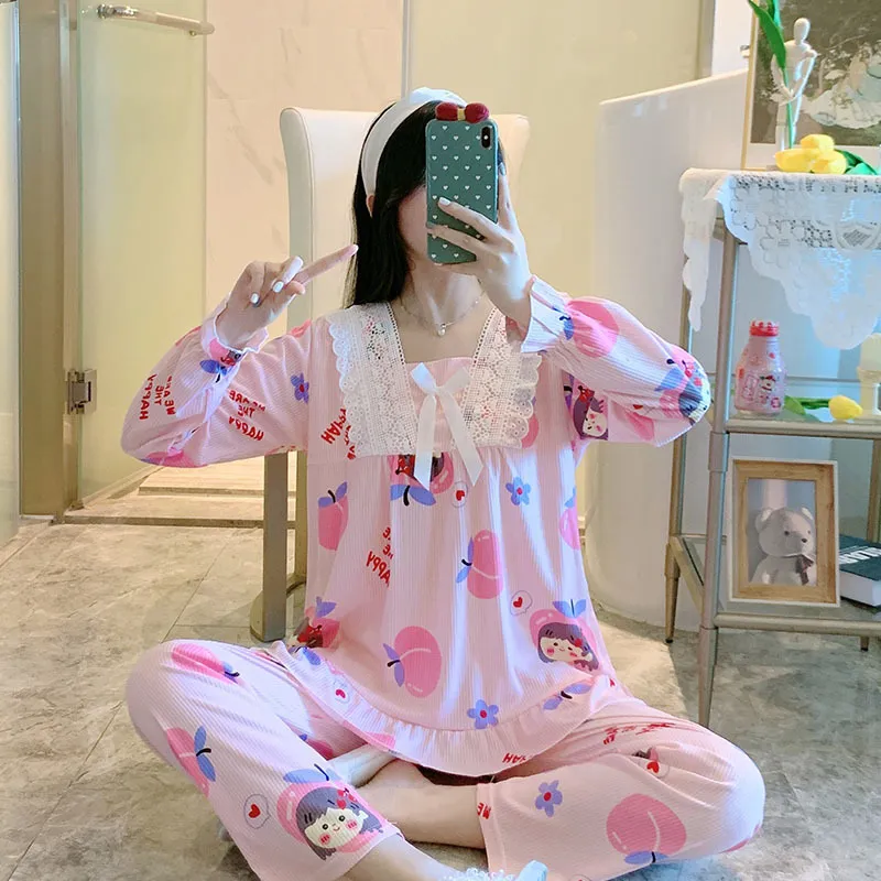 Wavmit Dames Pyjama Katoen Leuke Lange Tops Set Kant Jong Meisje Pyjama Sets Nightsuit Nachtkleding Home Wear 220329