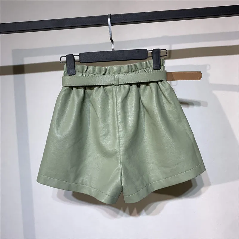 Fahion High Waist Faux Leather Shorts Women With Belt Pockets Wide Leg Sexy Shorts Short Femme Casual Ladies Shorts 220419