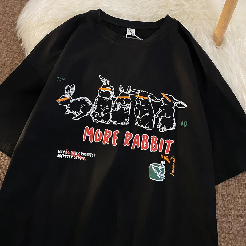 100%Cotton Super Chic Rabbits tryckt T -skjorta för kvinnor Summer överdimensionerad stor storlek harajuku mode tonåringar flickor tees 220511