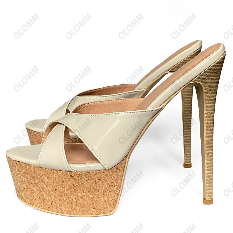 Olomm 2023Handwork Women Platform Mules Sandals Patent Leather Ultra High Heels Open Toe Pretty Beige Party Shoes US Plus Size 5-20