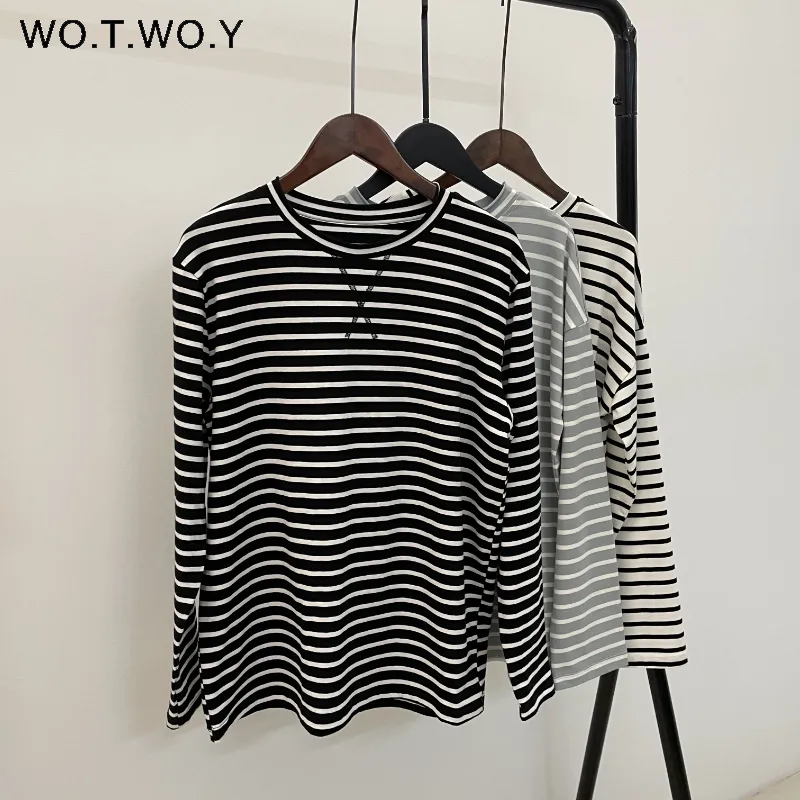 Wotwoy Lose Long Elieve Tee Tee Runt Women Women Spring O-вырезок повседневная хлопковая футболка женская базовая корейская вершина Harajuku Goth 220326