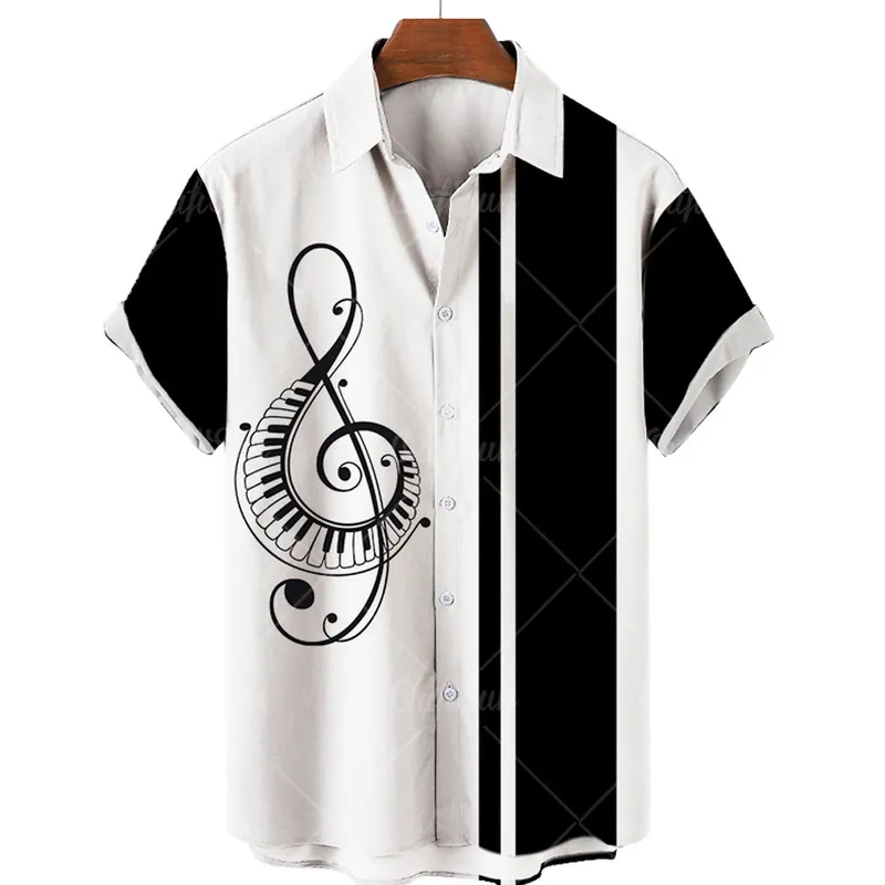 Sommer Polyester Baumwolle Kurzarm Musik Saxophon 3D Gedruckt Shirts Für Männer Casual Lose Drehen Unten Kragen Herren Strand Hemd 220607