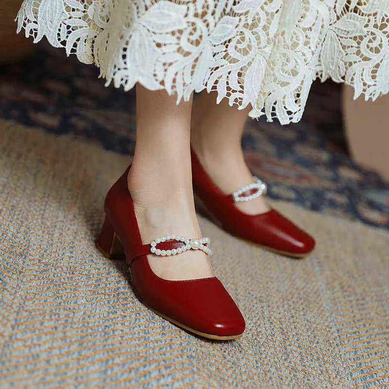 Chaussures habillées perle décoration pompes pour femmes en cuir véritable Mary Jane Red est Office Lady Woma 220318
