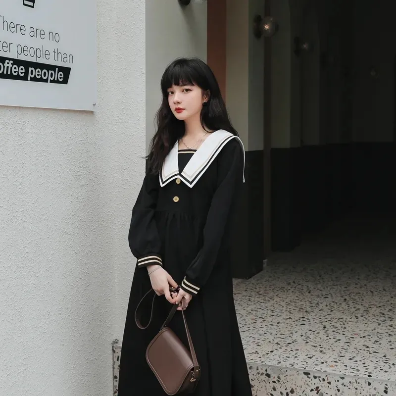 ハラジュクセーラー襟ネイビードレス日本語ロリータスイートボウノットガールレトロコットンカワイイプレッピースタイル長袖女性220426
