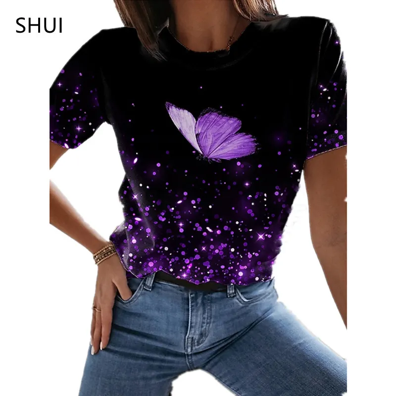Butterfly Lady T -shirt 3D bloemen afdruk ronde nek casual niche ontwerp sense kleding vrouwelijke dierenreeks korte mouw 220526