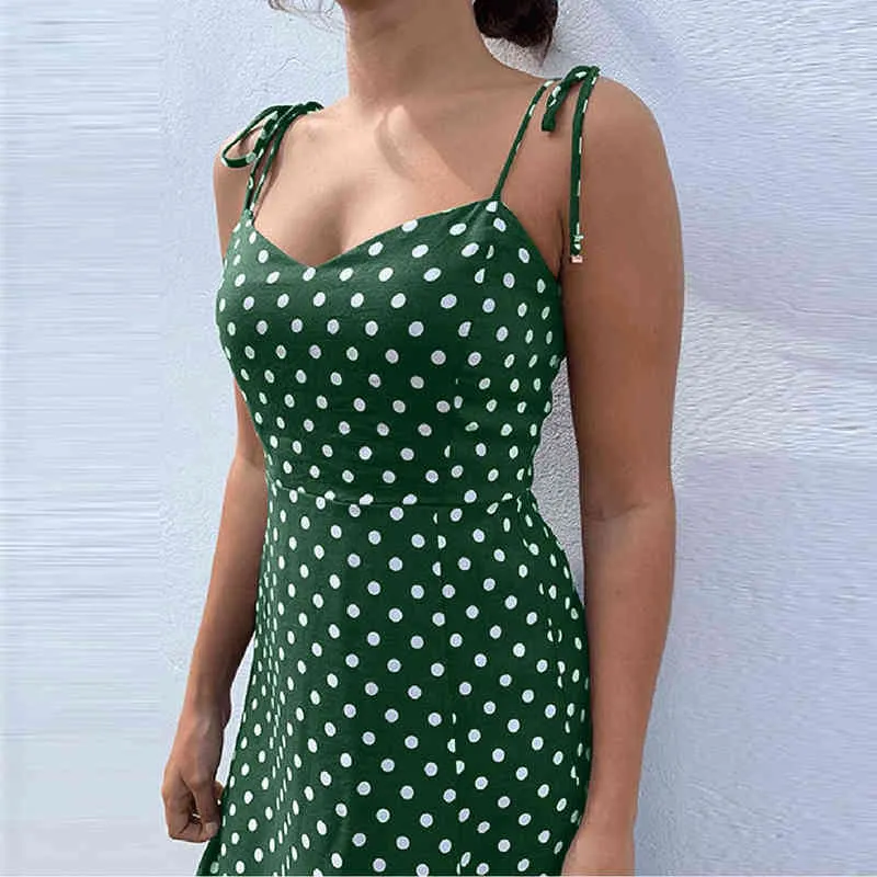 Donne Sexy Piccola Cinghia di Spaghetti Lace Up Polka Dot Orlo Spaccato Backless Estate Streetwear Vestito Delle Ragazze Vestito di Piccole Dimensioni Le Donne L220705