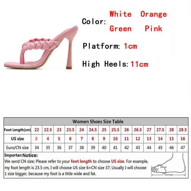 Tofflor Nya Trendiga Orange Braids Pinch Women Thin High Heel Sandals Skor Square Toe Sommar Utomhus Slides Flip Flops Storlek 42 220321