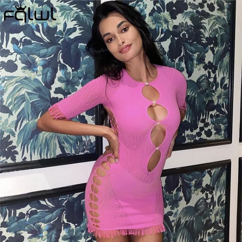 FQLWL Nachtclub Lila Weiß Quaste Spitze Kleider Bandage Rosa Sommer Bodycon Mesh Kleid Frauen Party Orange Sexy Mini Kleid 220527