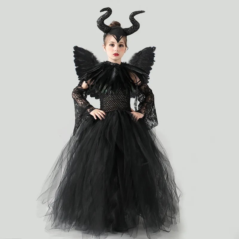 Flickor halloween ond häxa svart klänning tutu klänning med fjäder sjal viktorianska barn mörk drottning skurk cosplay fancy costume 220817