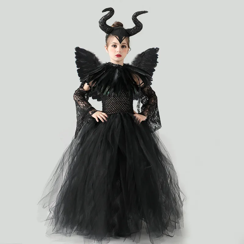 Girls Halloween Evil Witch Black Gown Tutu -jurk met veren sjaal Victoriaanse kinderen donkere koningin schurk cosplay fancy kostuum 220817