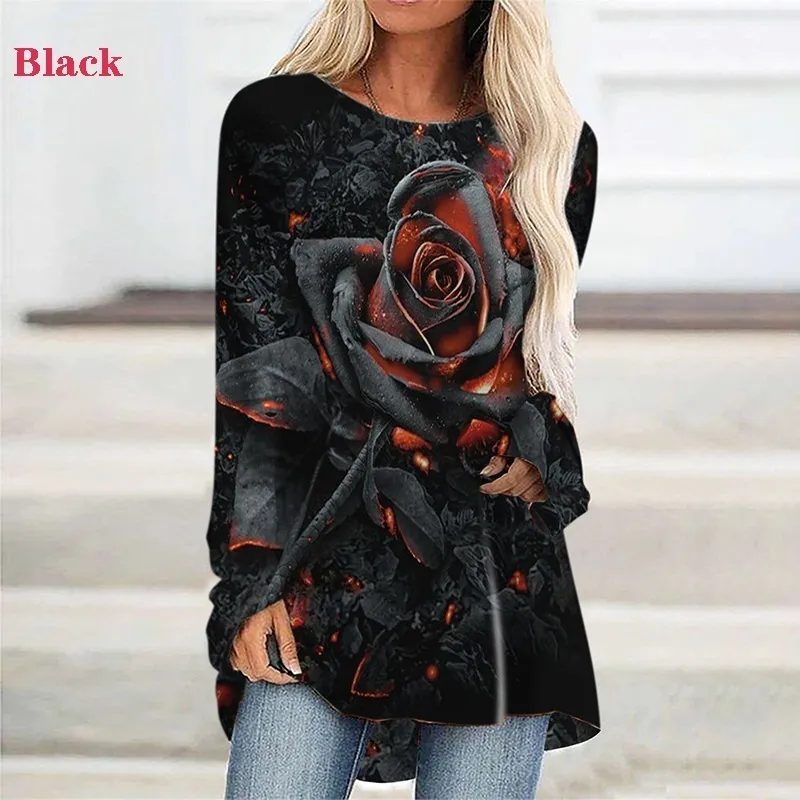 Women Flowers Printed Casual Round Neck Long Sleeves Plus Size Cotton Tunic Loose T-Shirt Pullover 8XL 220321