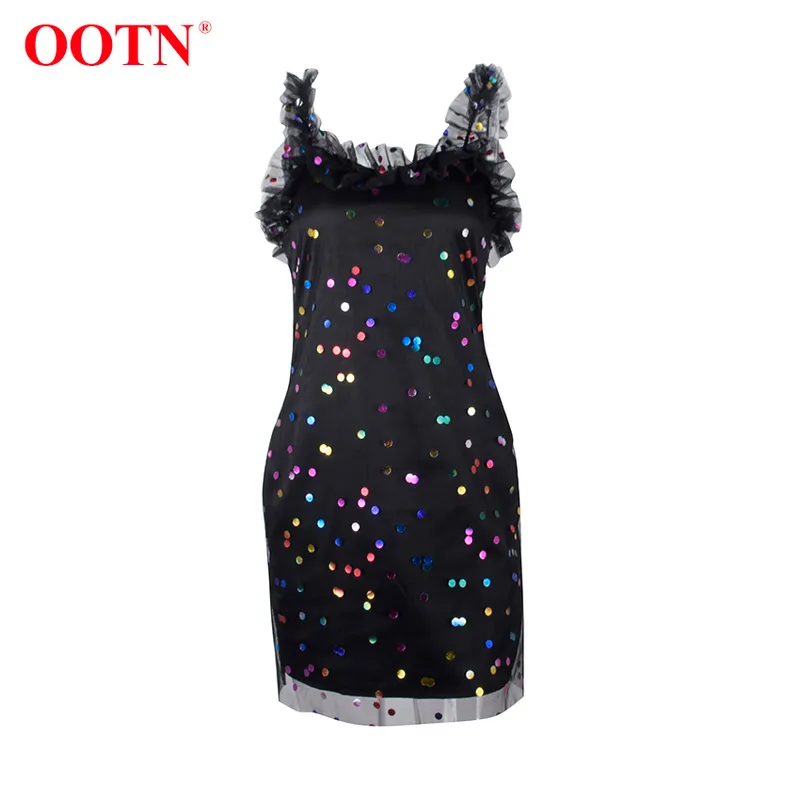 OOTN Black Sexy Mesh Short Party Dresses Spring Sequin Polka Dot High Waist Dress Ruffles Spaghetti Strap Women Dress 220511