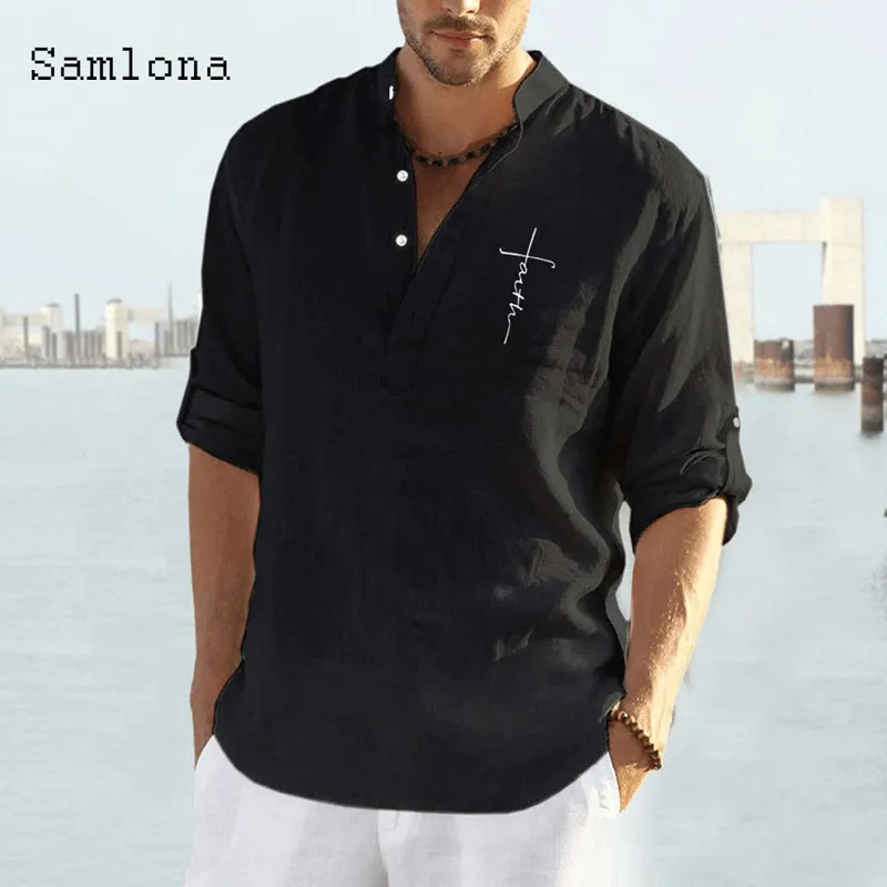 Samlona camisa de manga comprida tops de linho sexy roupas masculinas verão carta impressão casual pulôver single-breasted sexy blusa masculina 220623