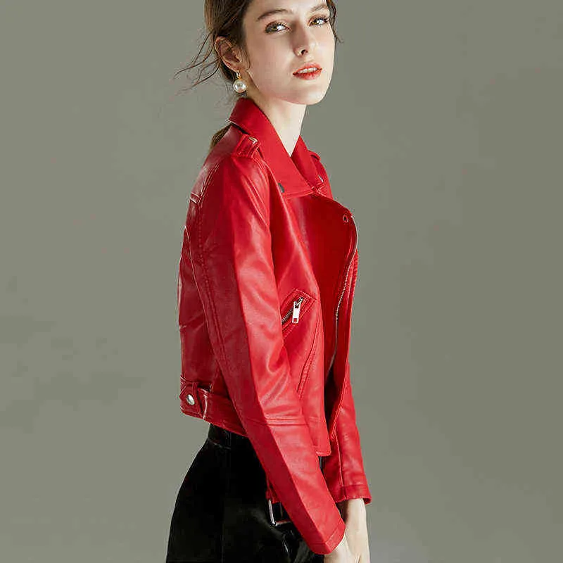 Mulheres Faux Couro macio de jaqueta curta Rivet Epaulet Zipper Pu Motocicleta Básica Jackets Básico Feminino Red Black Lear