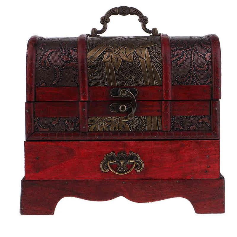 Handmade Wood Vintage Chinese Jewelry Box with Lock Asian Home Decorative Ring Necklace Trinket Organizer Case 22x16cm H220505