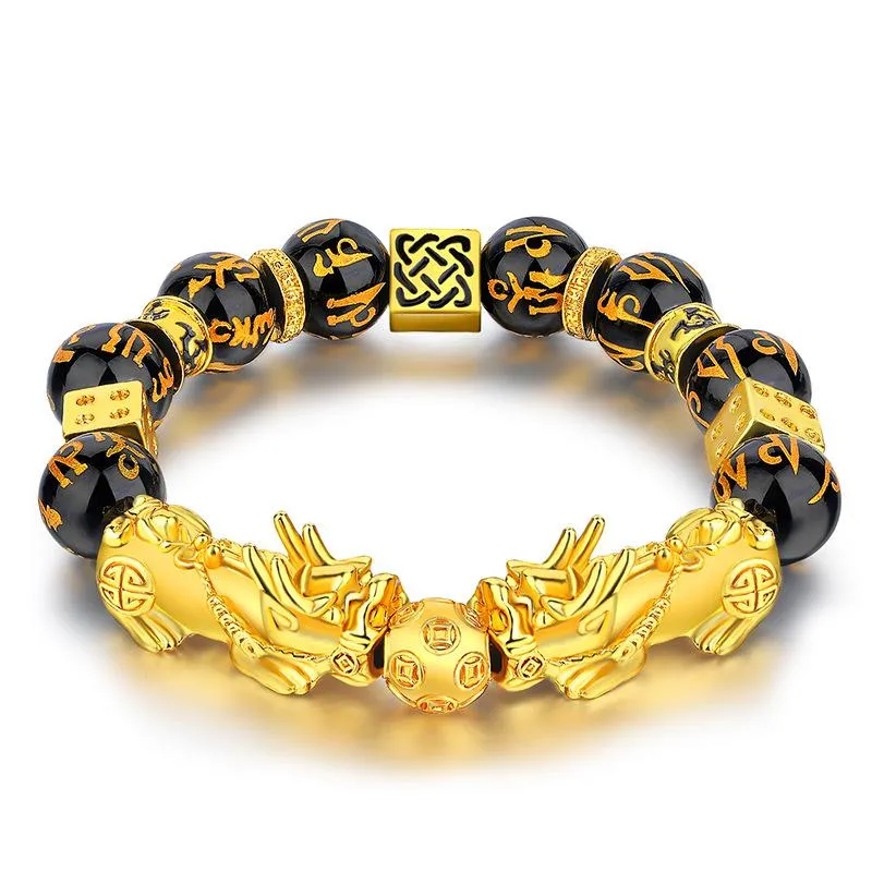 Perlen Stränge Männer Schwarz Obsidian Stein Perlen Armband Pixiu Chinesischen Feng Shui Glück Reichtum Buddha Für Frauen Schmuck Lars22282h