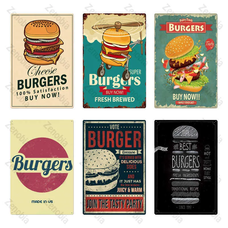 Hamburguesa Metal Sign Plaque Metal Vintage Decoración de pared de comida rápida para Café Café Bar Hamburguesa Señales de metal20x30cm6455699