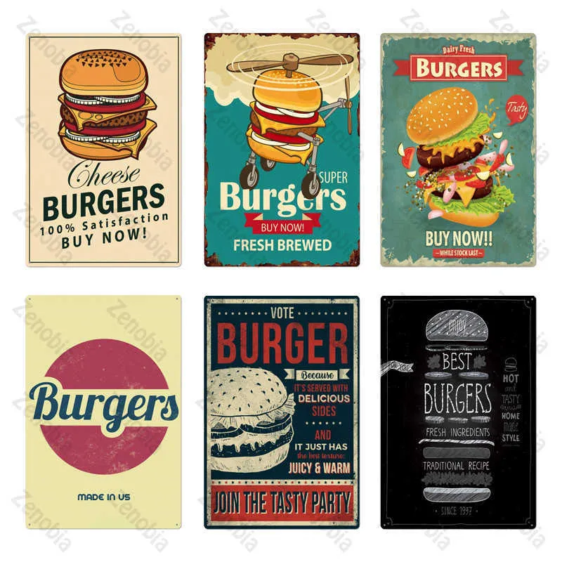 Металлическая табличка с гамбургером Metal Vintage Fast Food Decor для кухонного кафе Diner Bar Burger Metal Signs20x30cm6455699